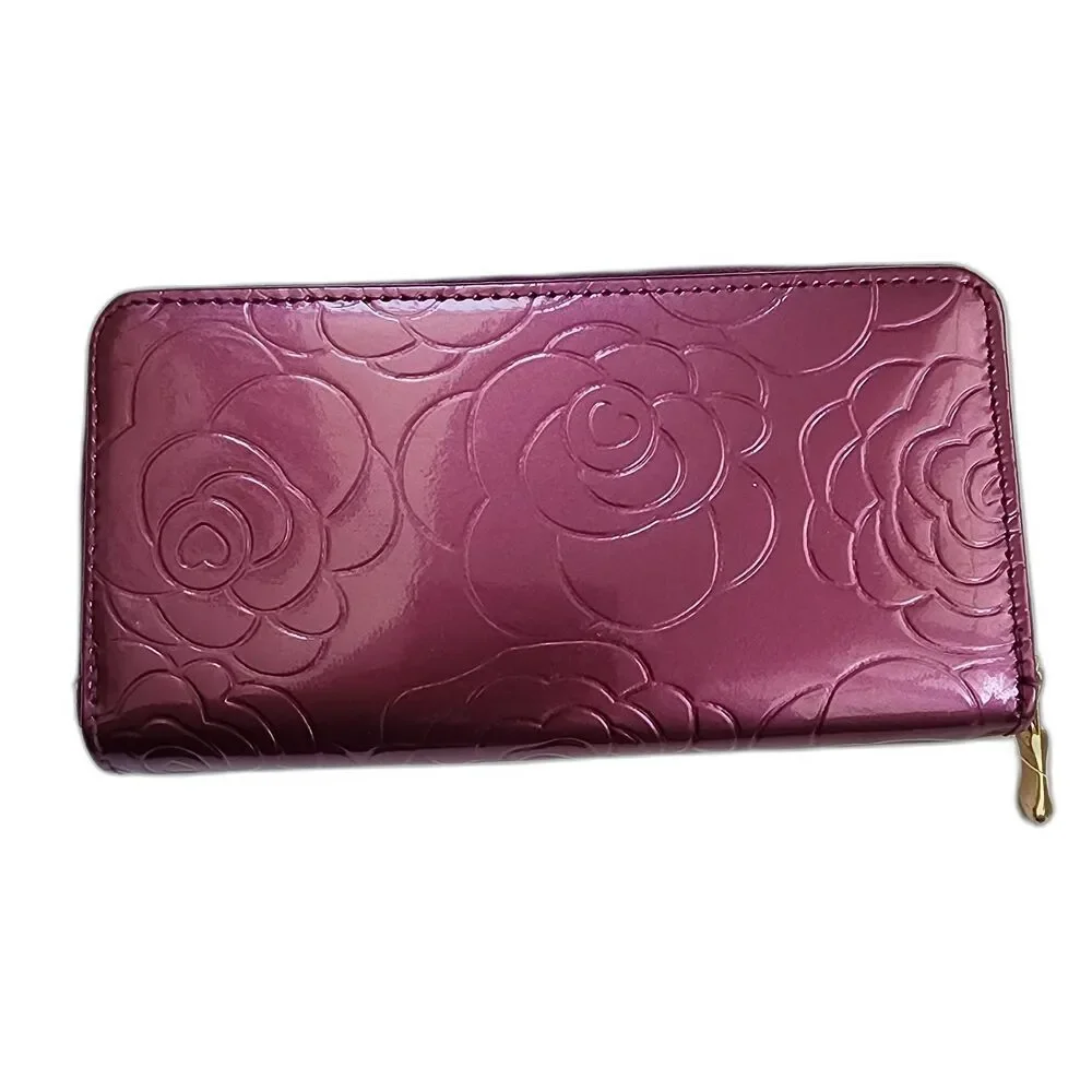 Sehra Collection Purple Floral Patent Leather Zip Around Clutch Wallet